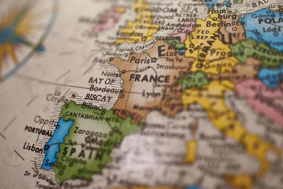 A globe showing western Europe
