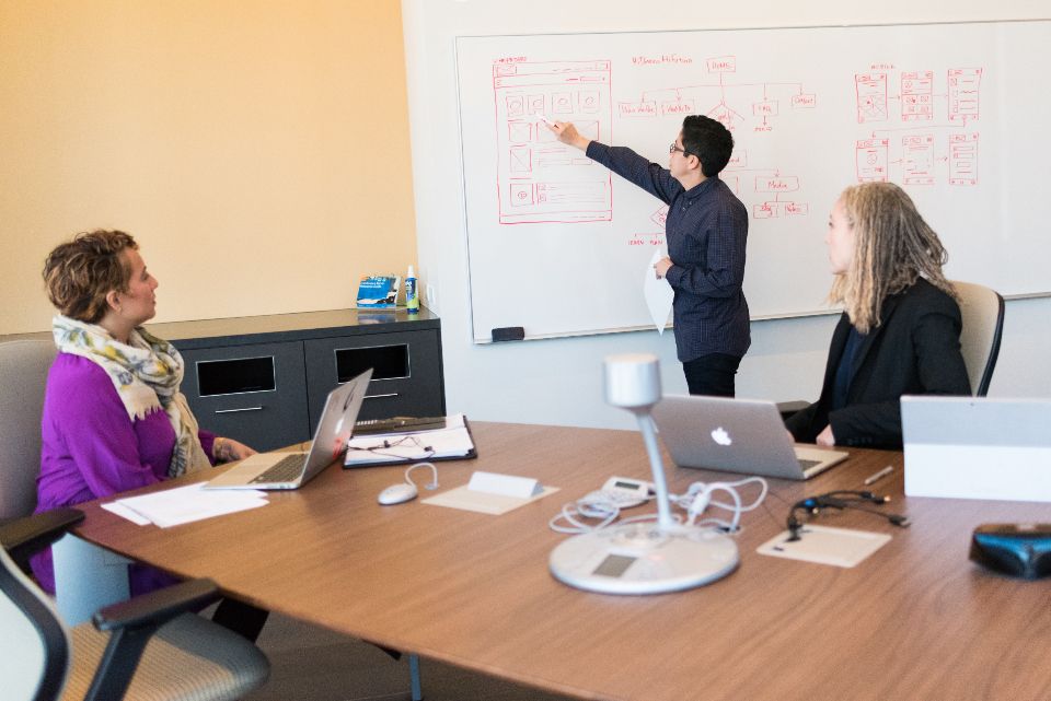 Colleagues in a meeting room, one presenting at a whiteboard
